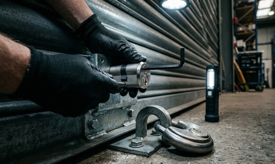 Especialista Cerrajero instalando candado de suelo y cerradura de alta seguridad en una nave del Polígono Juncaril, Granada